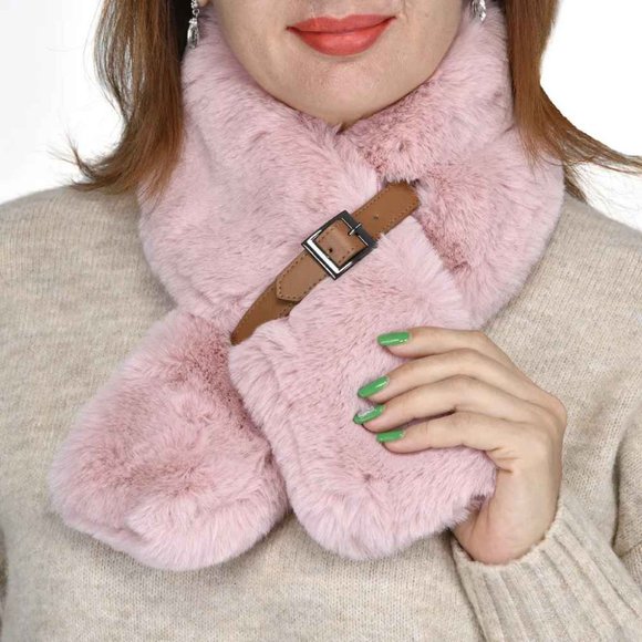 Faux Fur Polyester Scarf with Buckle (35 x 5) Pink - Picture 1 of 3